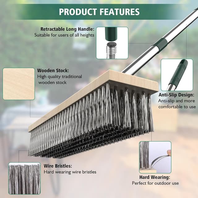 Detalle de Heavy-duty yard brush with retractable 60-inch handle and 11.8-inch wire head for outdoor cleaning
