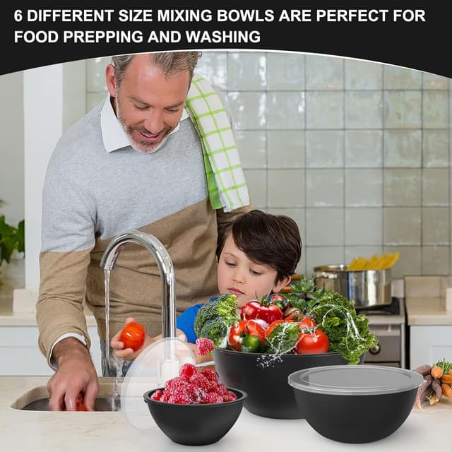 Detalle de Greentainer Salatschüssel-Set mit Deckel (12-teilig) – stapelbare Rühr- und Servierschüsseln aus Kunststoff