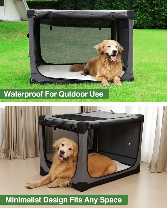 Detalle de Derimkcoa 76 × 54 × 54cm Collapsible Travel Dog Crate (Soft Portable Kennel, 4-Door) – Grey