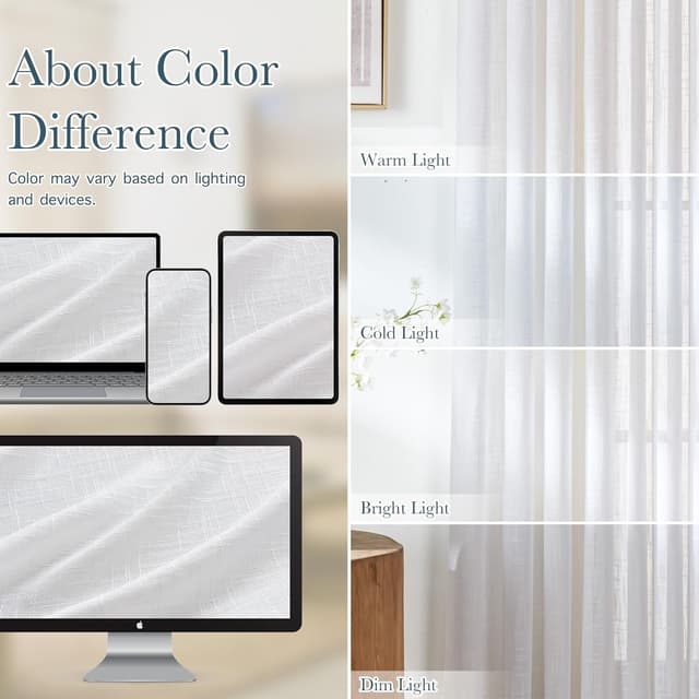 Detalle de PONY DANCE White Voile Curtains 90 Drop Pair (52x90 inches) – semi-sheer linen-look eyelet panels for living rooms & bedrooms