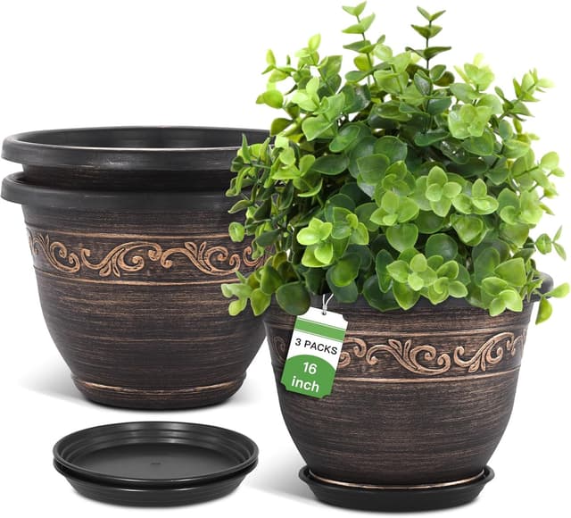 Detalle de Pottiffe 40cm plastic plant flower planters (3-pack) with drainage holes and saucers