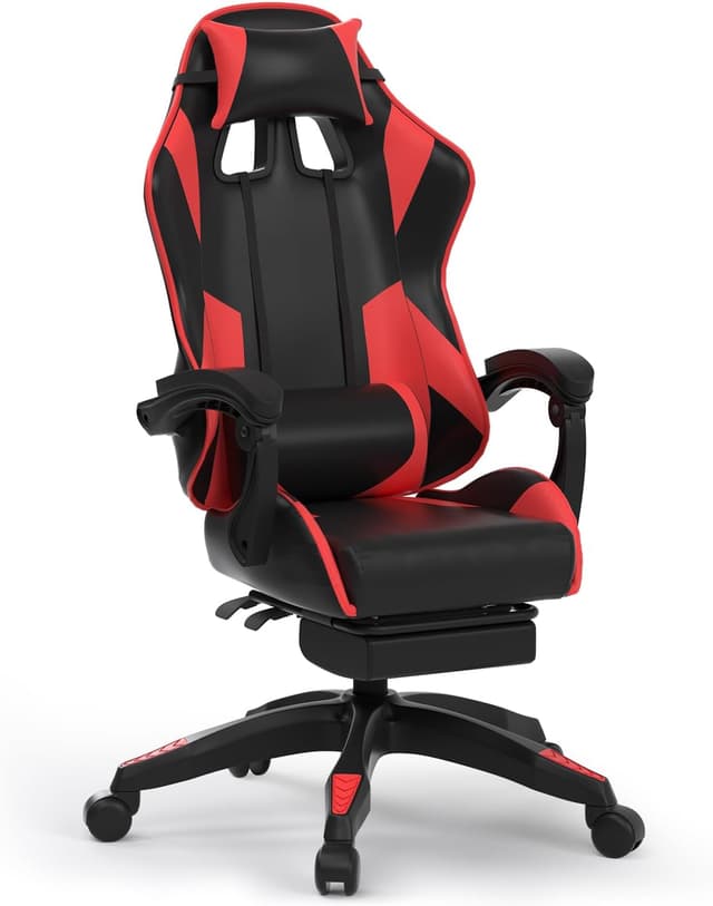 Detalle de Confortil Chaise Gaming Ergonomique avec repose-pieds rétractable et appui-tête réglable, noir et rouge
