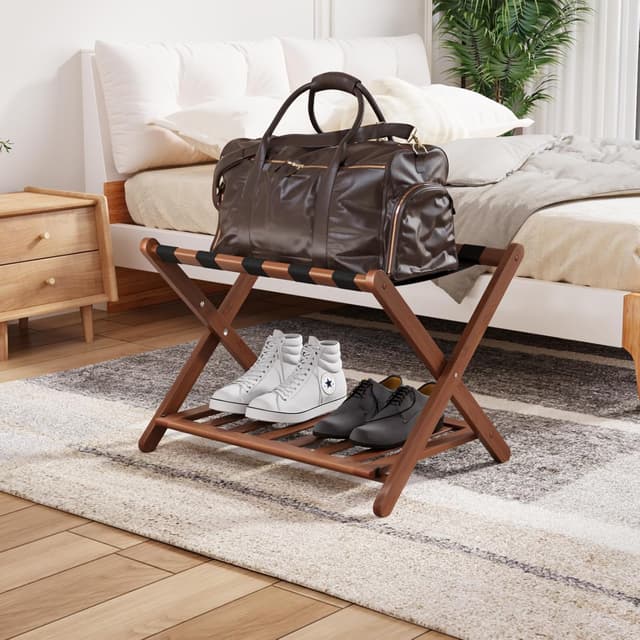 Thumbnail 6 de Smuxee Fully Assembled Walnut Luggage Rack with Shelf and 5 Nylon Straps (Foldable)