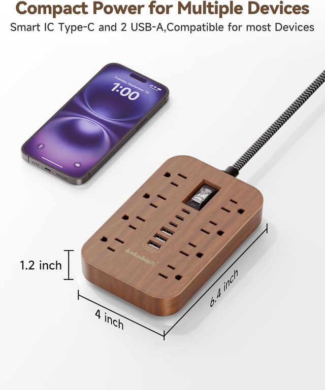 Detalle 2 de Walnut Power Strip with USB Ports (5 ft) — Wood Extension Cord with 6 AC Outlets and 6 USB