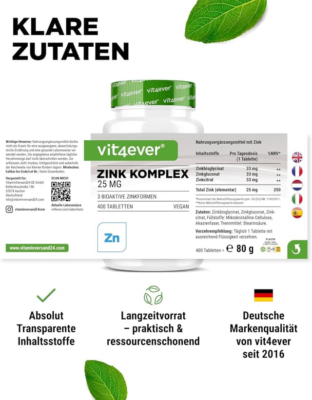 Detalle 1 de vit4ever Zink Komplex 25 mg – 400 Tabletten (3 bioaktive Zinkformen, vegan)
