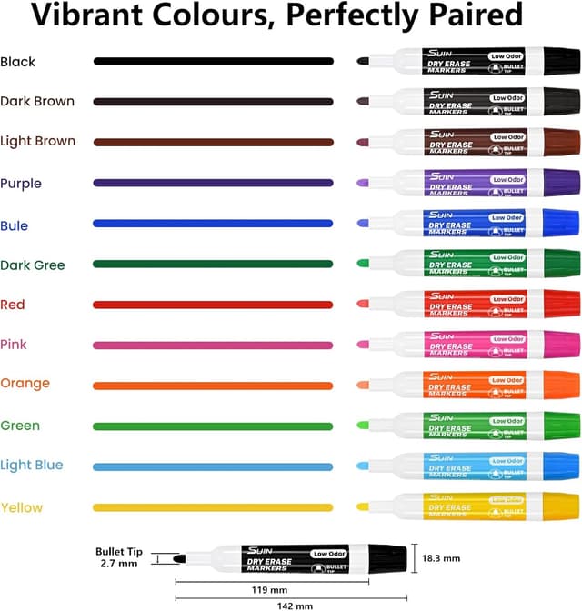 Detalle 2 de SUIN 12 leuchtende Whiteboard-Stifte – 12 Farben, trocken abwischbar, mittlere Rundspitze
