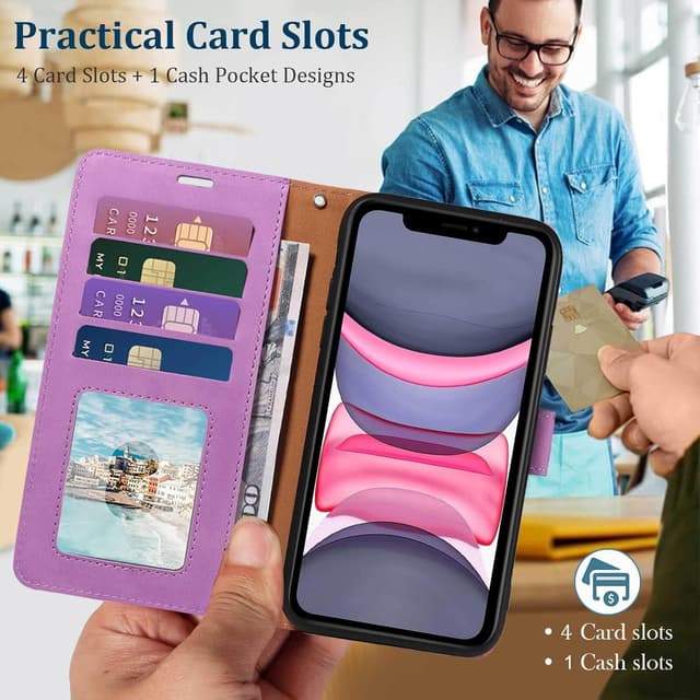 Detalle de GOTOURED Handyhülle für iPhone 11 – Klapphülle mit RFID-Blockierung, Kartenfächern, Magnetverschluss, Standfunktion & Handgelenksgurt (Lila)