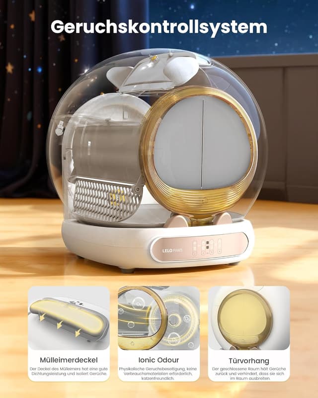 Detalle de LELO PAWS selbstreinigende Katzentoilette mit Türvorhang, 65 l + 9 l, App-Steuerung (Golden)