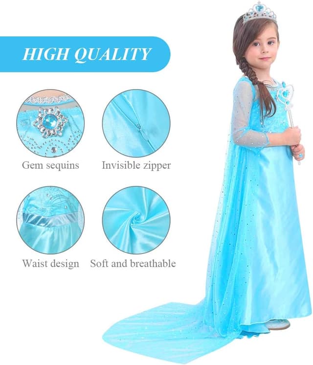 Detalle de URAQT Princess Dress Up Costume for Girls – blue deluxe fancy dress with accessories