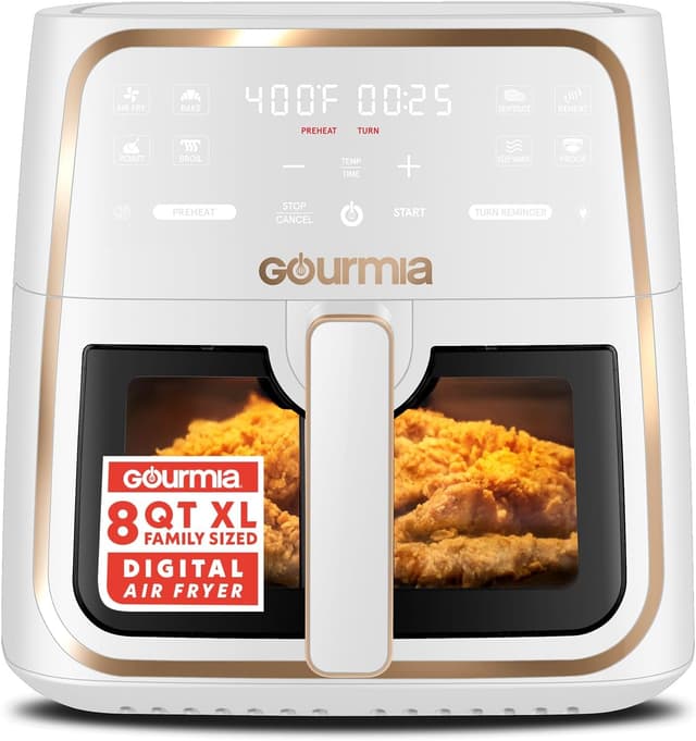 Detalle de Gourmia 8 Qt Air Fryer with 8 Presets, Digital Display & FryForce 360° Technology (White)