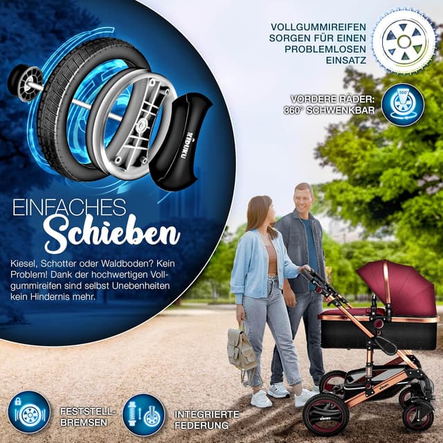 Detalle de KIDUKU 3-in-1 Kinderwagen XXL Komplettset (Buggy/Sportsitz, Babywanne & Auto-Babyschale)