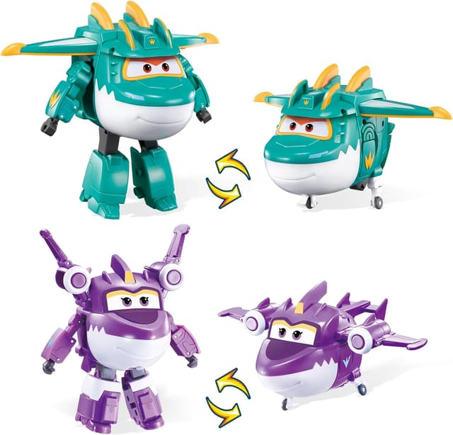 Detalle de Super Wings Dinosaurier 2er-Set Tino & Sally (12,7 cm) – 2-in-1 Actionfigur zum Verwandeln ab 3 Jahren, grün & lila