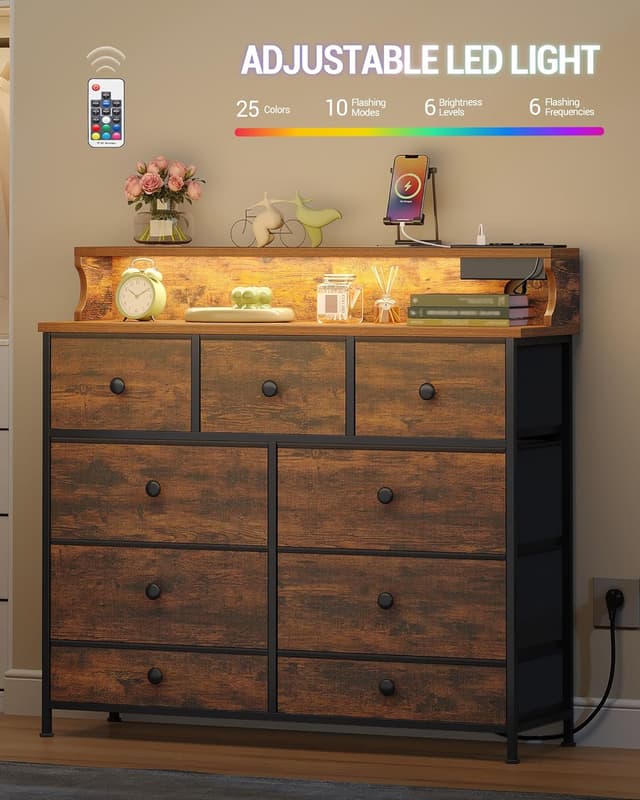 Detalle de Hzuaneri Commode 9 tiroirs avec bande lumineuse LED, 2 ports USB et 2 prises secteur (30 x 100 x 95 cm) Vintage DU02901BEU