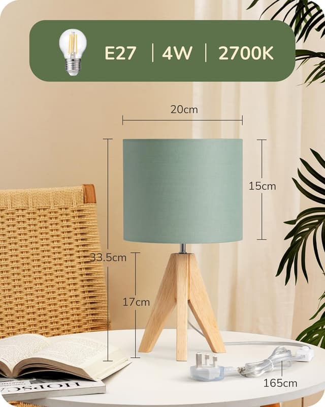Detalle 2 de EDISHINE 36cm Bedside Lamp with Wooden Tripod Base and Bean Green Linen Shade (E27, 2700K LED bulb included)