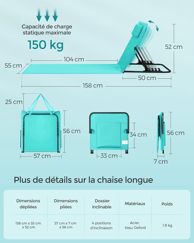 Detalle de SONGMICS Chaises longues de plage GCB251C01 (lot de 2), transats pliants avec appui-tête et dossier inclinable