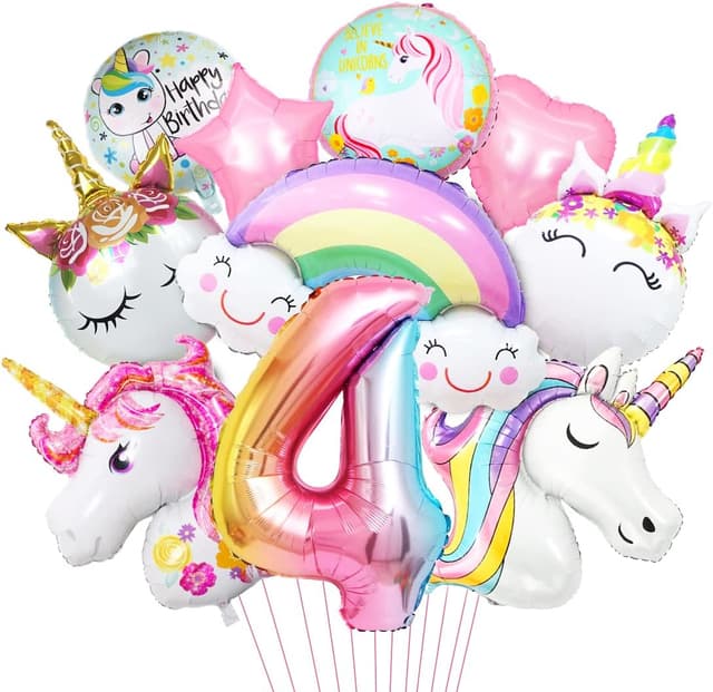 Detalle de Einhorn Luftballon Set „Zahl 4“ – 3D Folienballons XXL mit Regenbogen, Stern & Herz