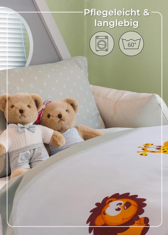 Detalle 2 de Gräfenstayn® 2-tlg. Kinderbettwäsche-Set Giraffe & Löwe, 100% Baumwolle Renforcé, mit integriertem Reißverschluss (135x100 & 60x40)