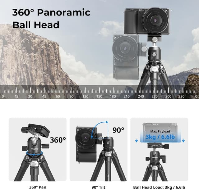 Detalle de SMALLRIG Mini-Tischstativ aus Kohlefaser 395 mm inkl. 360°-Kugelkopf (5026) – kompaktes Set für Tisch & unterwegs