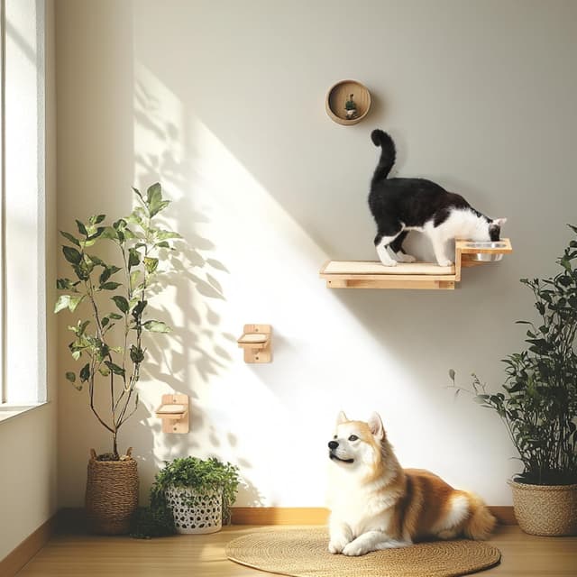 Detalle 2 de Fukumaru 3-in-1 Cat Furniture Set with 2 Steps – Wall Perch, Steps & Wall-Mounted Bowl