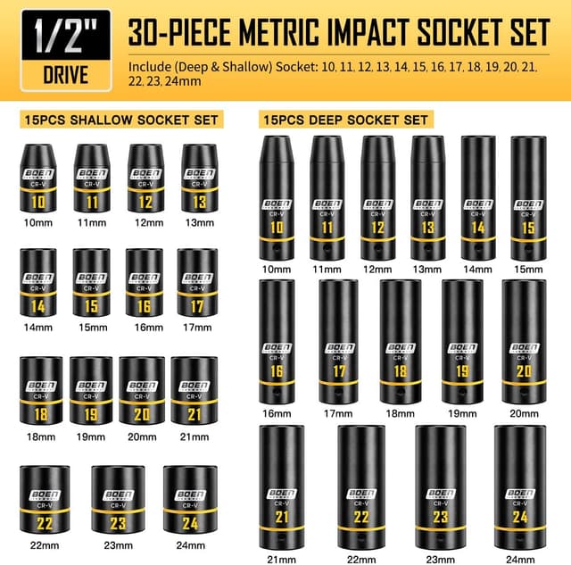 Detalle 2 de BOEN 1/2-Inch Drive Impact Socket Set (65-Piece) — SAE & Metric Deep/Shallow Cr-V