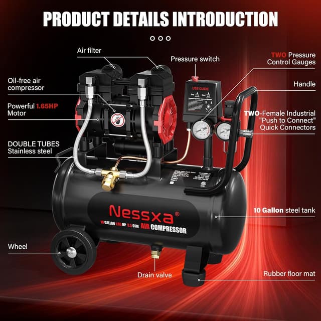 Detalle de 10 Gallon Ultra Quiet Oil-Free Air Compressor (1.65HP, 3.5 CFM @ 115 PSI, 70dB) with Two Quick Couplers