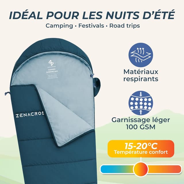 Detalle de Zenacross Sac de couchage adulte été ultra léger 1 personne (900 g) — compact pour camping, bivouac et randonnée