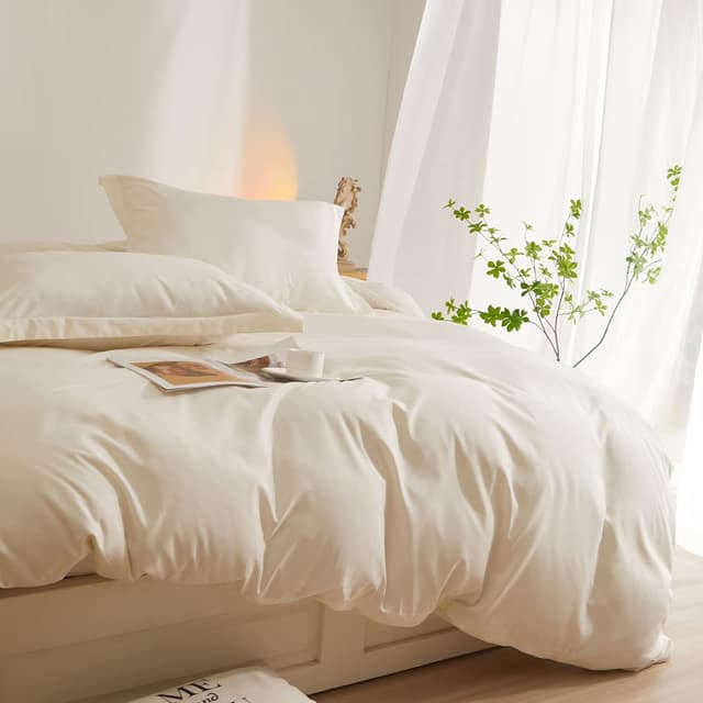 Detalle de Cream White King Duvet Cover Set (104"x90") with Zipper Closure & 2 Pillowcases, Soft Washed Microfiber Ivory Boho Bedding Set