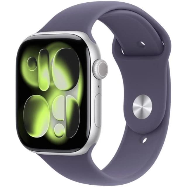 Detalle de Apple Watch Series 11 GPS 46 mm aluminio plata con correa deportiva niebla lila (M/L)