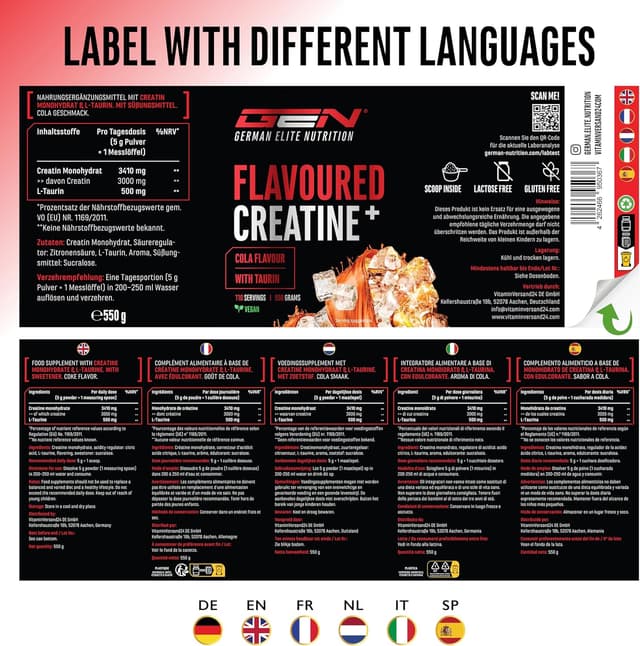 Thumbnail 6 de Flavoured Creatine Pulver (550 g) – Creatin Monohydrat + L-Taurin, mikronisiert, vegan (Cola)