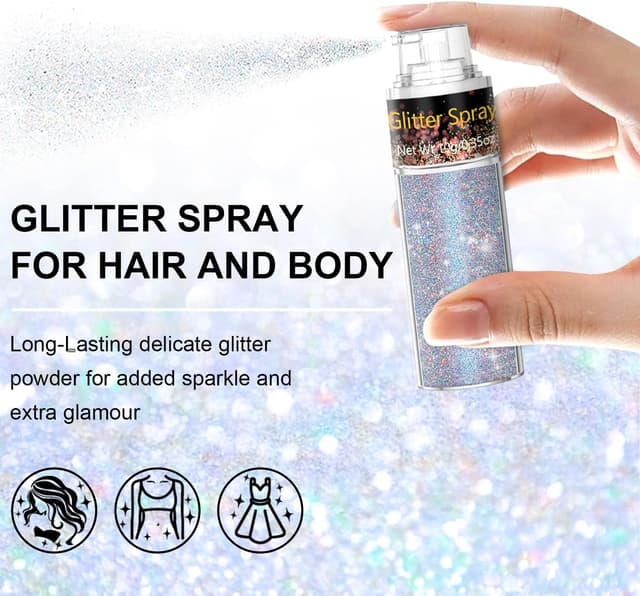 Detalle 2 de Hair and Body Glitter Spray (Glint-Rainbow) — ultra-fine holographic glitter hairspray & dry powder for costumes, festivals, and crafts