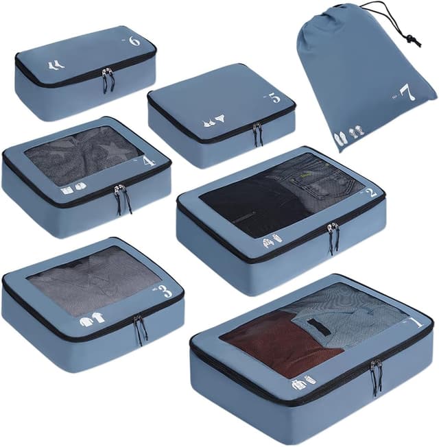 Detalle de ECOHUB 7-piece Packing Cubes set in recycled PET (Blue) for suitcase and travel organisers