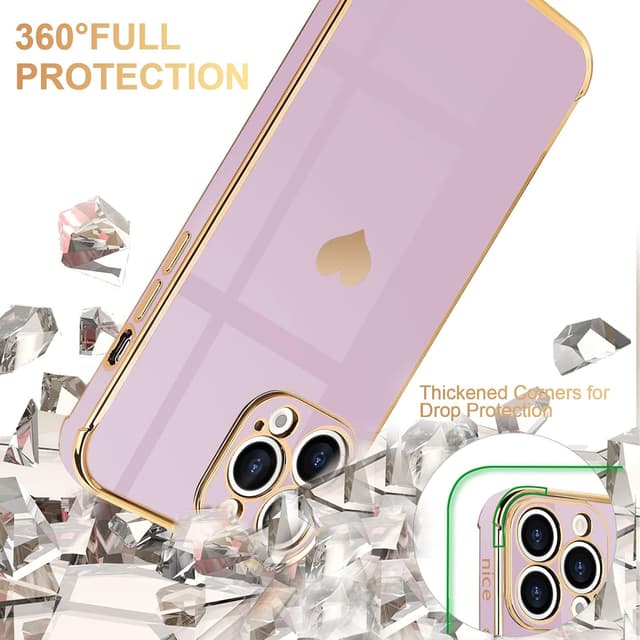 Detalle de Urarssa iPhone 14 Pro case in purple with bling heart design and shockproof bumper
