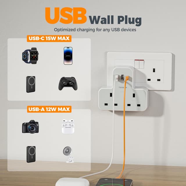 Detalle de TESSAN Plug Adapter 3 USB Ports 2‑way 🪫