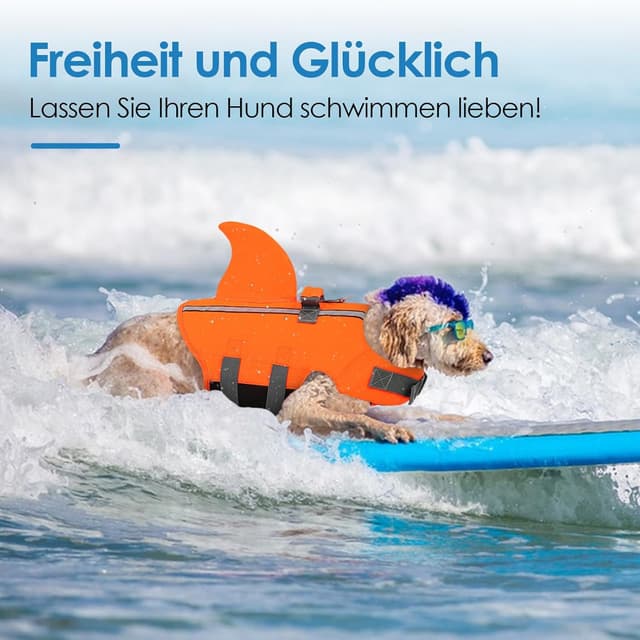 Detalle de AOFITEE Schwimmweste für Hunde „Hai“ (mittel, verstellbar, Orange) mit Rettungsgriff