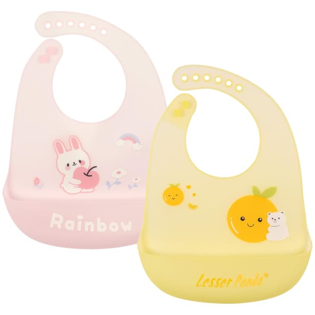 Detalle de Vicloon Silikon Baby Lätzchen (2er-Set) mit Auffangschale, 6 verstellbaren Druckknöpfen, BPA-frei – Bär & Kaninchen