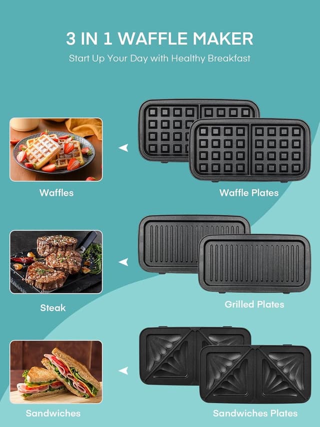 Thumbnail 3 de Sandwichera 3 en 1 Azul 1200W con Control y Placas Antiadherentes 🥪