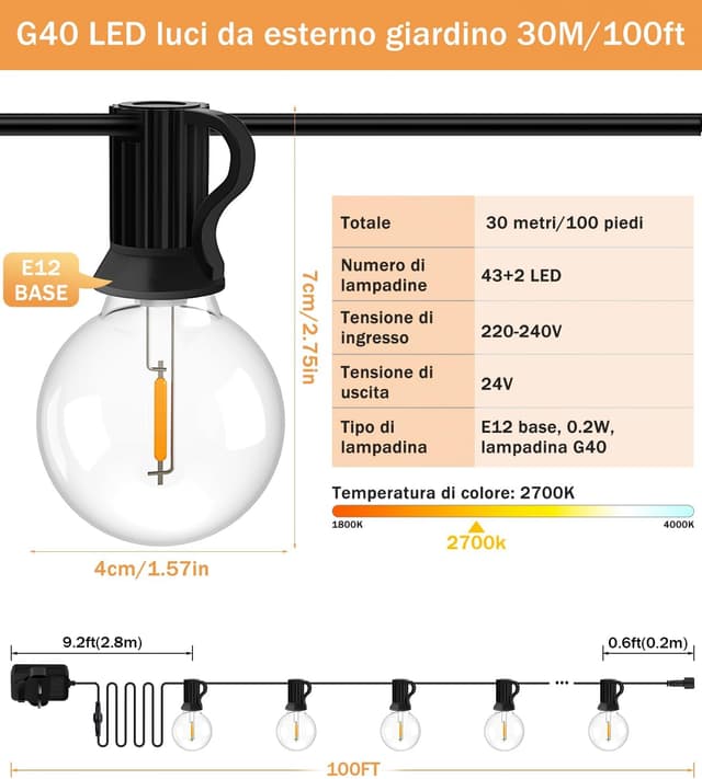 Detalle de JEYMORKEY Catena luci G40 30 m LED