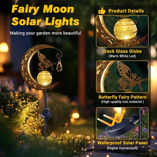 Detalle 2 de Caldarax Moon Fairy Solar Crackle Glass Garden Lights (IP65, Warm White)