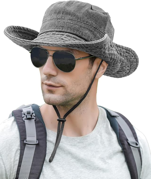 Detalle de NLAND faltbarer Sonnenhut mit UV-Schutz für Herren & Damen – Safari/Boonie Hut mit breiter Krempe und Kinnband