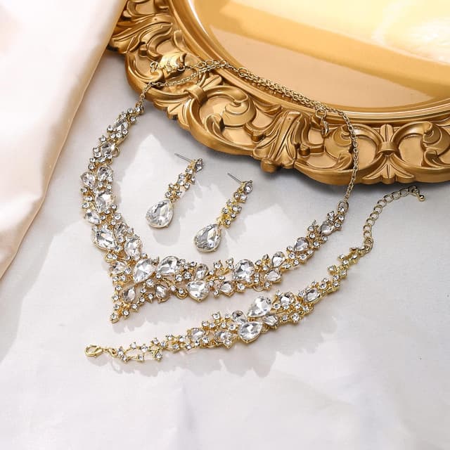 Detalle de EVER FAITH Statement Halskette, Ohrringe & Armband Set mit österreichischen Kristall-Tropfen – Klar/Silber-Ton