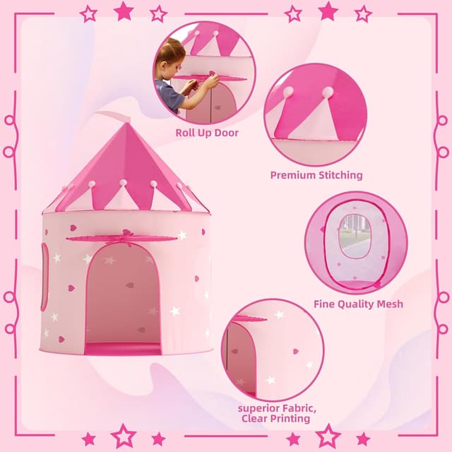 Detalle de KORIMEFA Kids Play Tent (Princess Wendy House) for ages 1–8, pink pop-up indoor/outdoor playhouse, 105x105x135cm