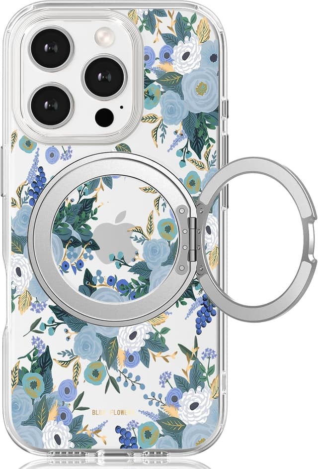 Detalle de FEWGEY iPhone 16 Pro Max Case with MagSafe Ring & 360° Kickstand (Clear Floral, Shock-Protection)