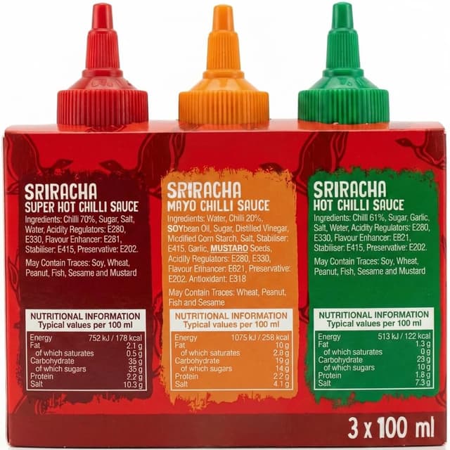 Detalle 2 de Flying Goose Sriracha scharfe Chilisaucen-Mischkarton (3 x 100 ml) als Probierpaket in 3 Geschmacksrichtungen