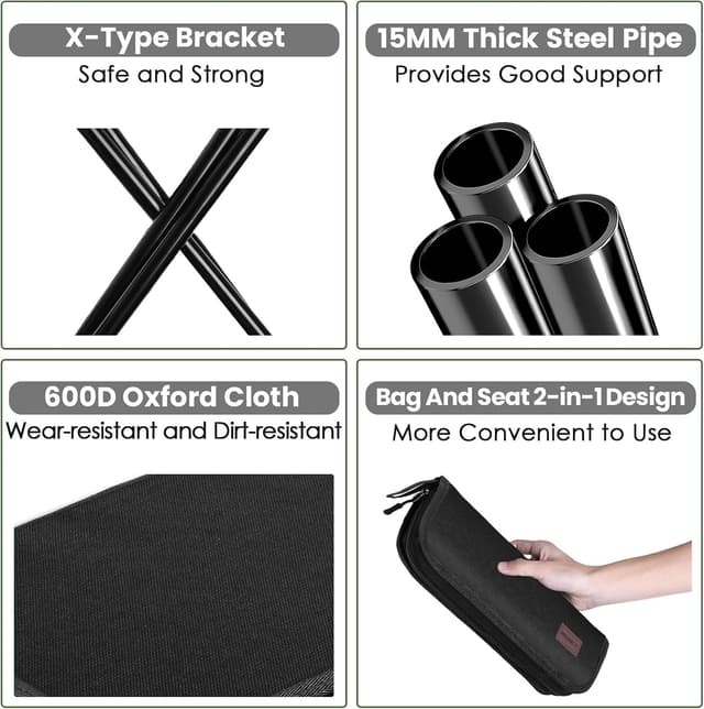 Detalle de MOONCY Camping Stool Folding Mini Chair (33×26.5×32cm), Lightweight Collapsible Stool up to 120kg, Black