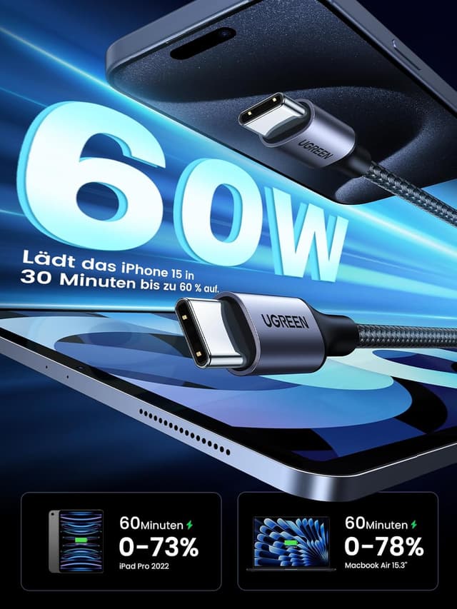 Detalle de UGREEN USB C Kabel 60W PD 3.0