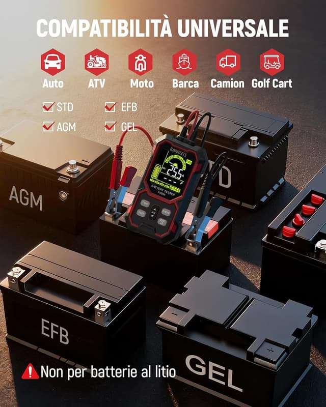 Detalle 2 de KAIWEETS Tester Batteria Auto 12V/24V digitale 50–2000 CCA con display LCD (SOH/SOC)