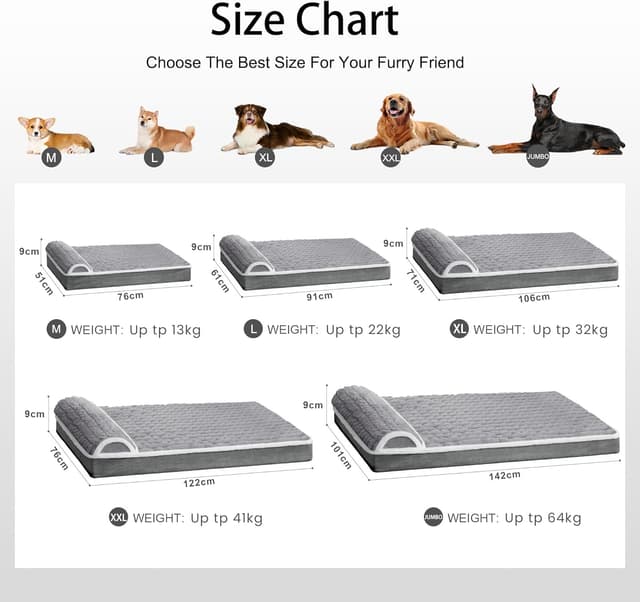 Thumbnail 6 de Jolibean Orthopedic Jumbo Dog Bed (142x101cm) with Pillow, Waterproof Cover & Non-Slip Base in Grey