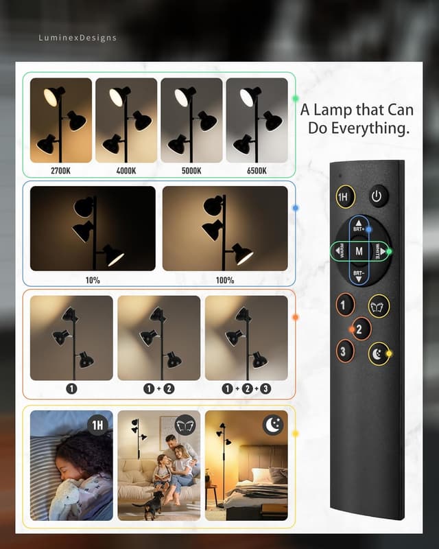 Thumbnail 6 de LuminexDesigns lampada da terra a 3 faretti LED 36W dimmerabile con telecomando e controllo touch