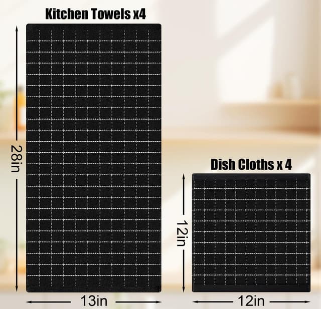 Detalle 2 de Homaxy Kitchen Towels and Dishcloths Set (8-Piece) — 100% Cotton Terry Towels, Checkered Design, Black