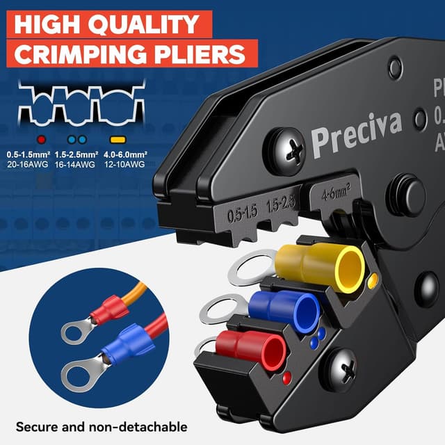 Detalle de Ratchet Crimping Plier Preciva insulated wire terminal crimp tool for AWG 20–10 up to 6mm²